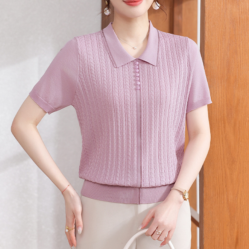 Mom's Summer Ice Silk Short-Sleeve T-Shirt, Breathable Mulberry Silk Knit Top, Cool Silk Blouse for Middle-Aged and Elderly Women Mom's Summer Ice Silk Short-Sleeve T-Shirt, Breathable Mulberry Silk Knit Top, Cool Silk Blouse for Middle-Aged and Elderly Women