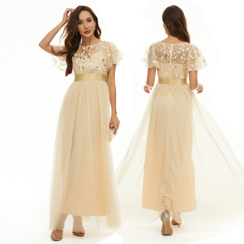 Vestido de lentejuelas manga corta cuello redondo pettiskirt vestido de noche cintura alta elegante dama de honor brindis vestido banquete ropa 115