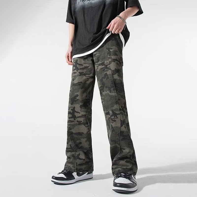 2024 jeans de camuflaje de peso pesado americano para hombres y mujeres, monos rectos de primavera, pantalones casuales de trapeador de piernas anchas, marea