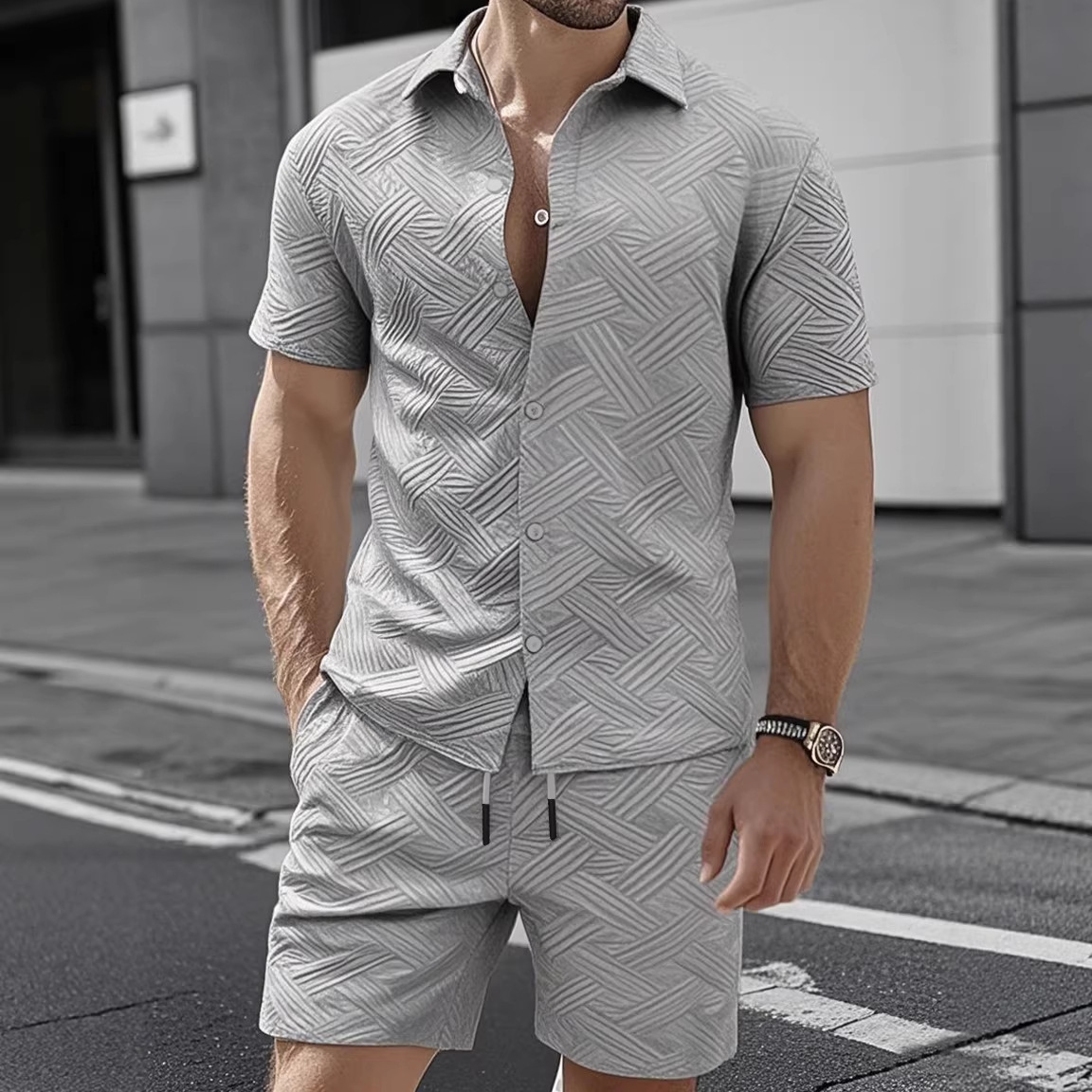 Nuevo comercio exterior transfronterizo nuevo hombre de verano Jacquard de color sólido con solapa Cardigan con solapa Casual camisa de manga corta set