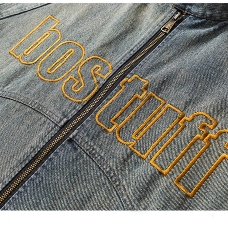 Motorcycle Style Denim Jacket For Men, Washed And Worn With Trendy Brand Embroidery, Loose And Retro High Street Jacket Top_voghion.com