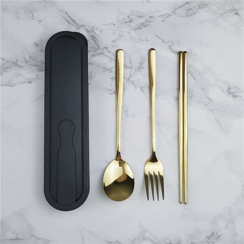 304 de acero inoxidable vajilla estilo coreano palillos conjunto de tres piezas traje portátil estudiante comedor al aire libre logotipo impreso