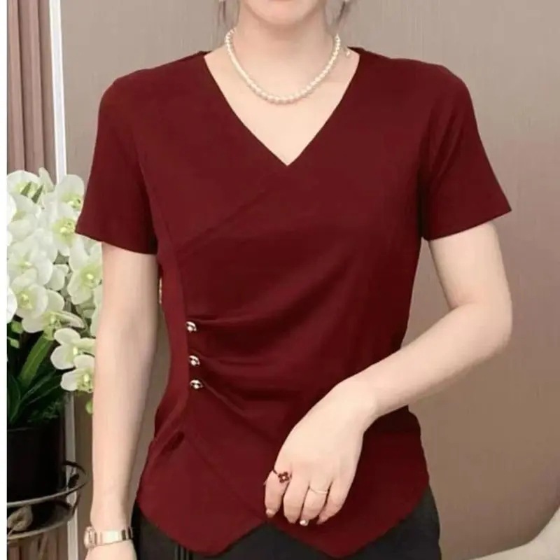 半袖2025夏の新型痩せファッションはvネックのゆったりとした純色の洋気百tシャツの不規則な韓国版です。|undefined
