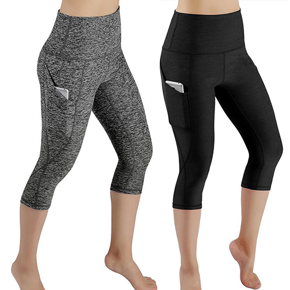 Women High Waist Pocket Yoga Pants Black Gray Stretch Fitness Leggings
