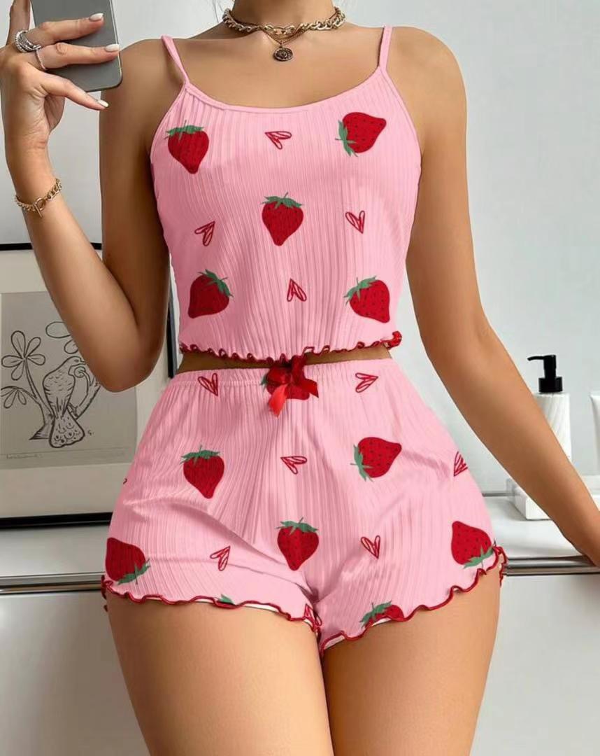 ChicShe European And American Cross-Border Trade Women's Pajamas Ribbed Heart Sexy Camisole Printed Tank Top Shorts Homewear_voghion.com