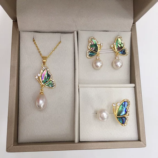 5A GrAde NAturAl FreshwAter PeArl PendAnt Stud EArrings Ring Set NAturAl AbAlone Shell Butterfly ShApe PeArl Set WholesAle