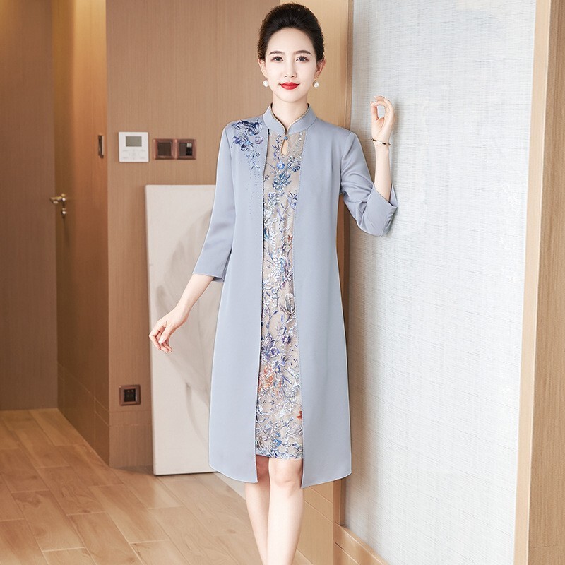 Spring and Autumn New Style Tummy-Concealing Slimming Faux Two-Piece Elegant Evening Dress for Mother-In-Law, Fitted Version, Stylish Qipao Dress Spring and Autumn New Style Tummy-Concealing Slimming Faux Two-Piece Elegant Evening Dress for Mother-In-Law, Fitted Version, Stylish Qipao Dress
