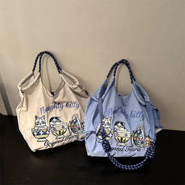 新款茶杯猫原创ball chain刺绣环保袋购物袋尼龙手提单肩斜挎包女