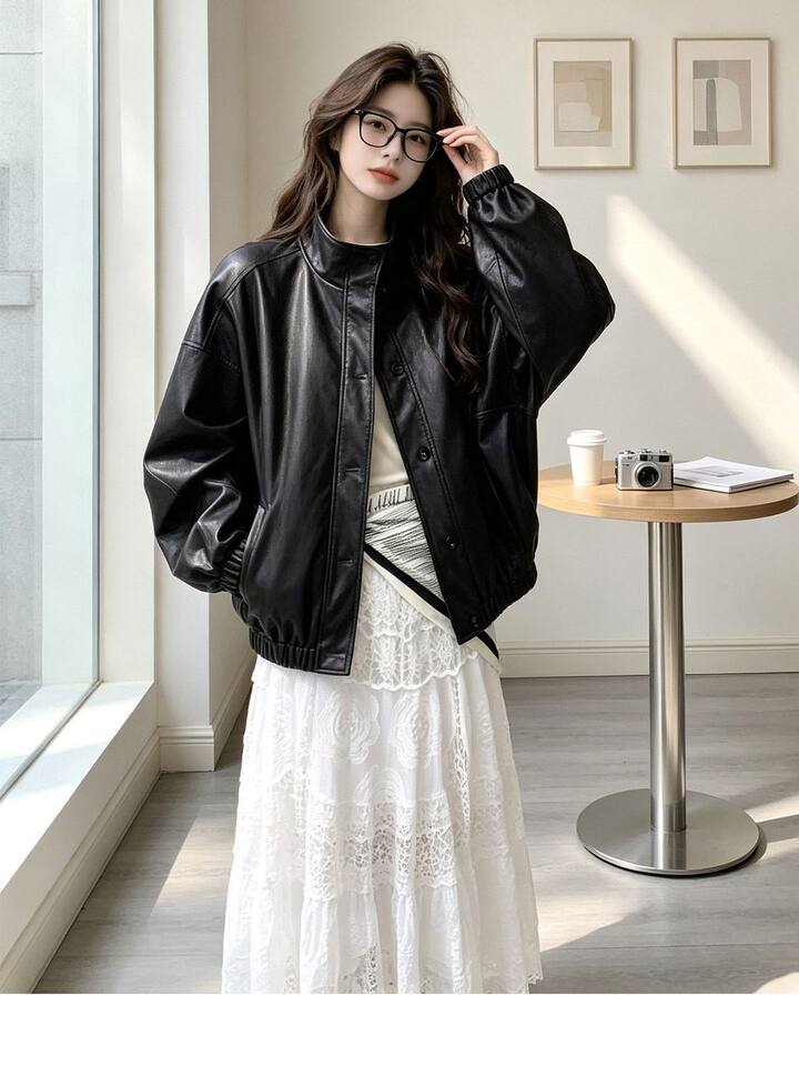 Áo khoác da PU cổ đứng dáng rộng phong cách retro, kiểu biker, dài tay, có lót — Màu đen [Chất lượng cao, có lót vải] chi tiết 8