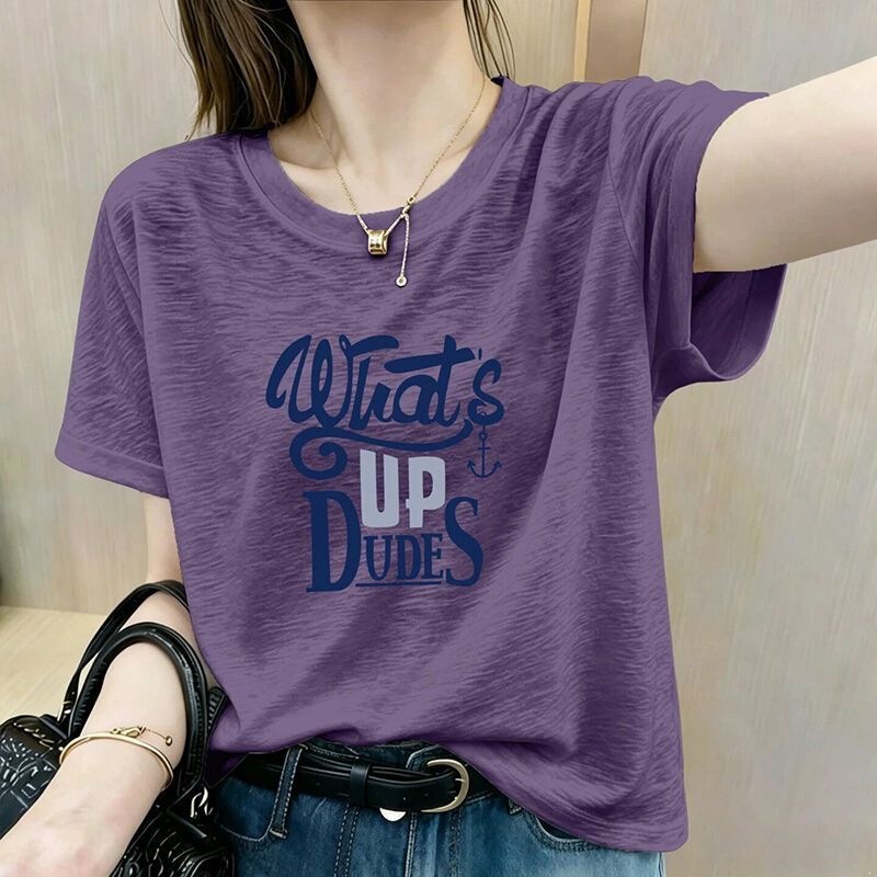 European-Style Purple Bamboo Cotton Ice Silk Short-Sleeve T-Shirt for Women, Summer Hot Item 2026, Super Trendy, Age-Reducing Letter Print Top European-Style Purple Bamboo Cotton Ice Silk Short-Sleeve T-Shirt for Women, Summer Hot Item 2026, Super Trendy, Age-Reducing Letter Print Top