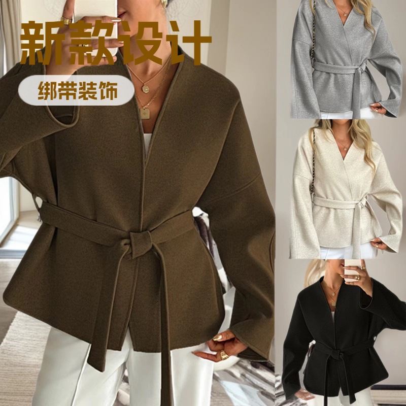 Cross-Border Foreign Trade New Style Short Faux Wool Coat for Women 2025 Autumn and Winter Loose Tie-Up Cardigan Coat