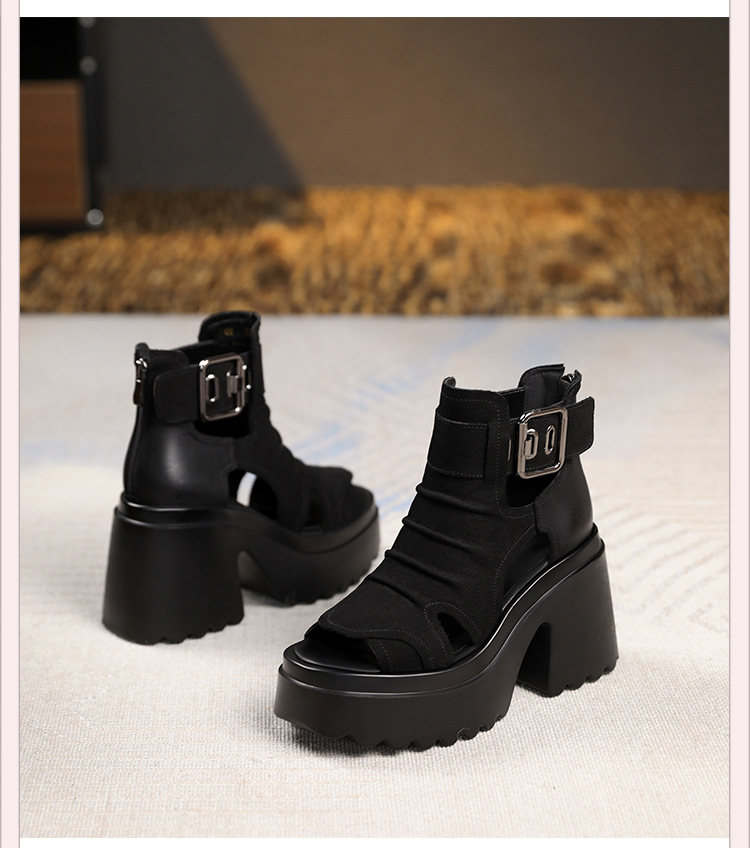 Sandal nữ gót thô miệng cá đế chống nước, tăng chiều cao 10 cm — Màu đen chi tiết 10