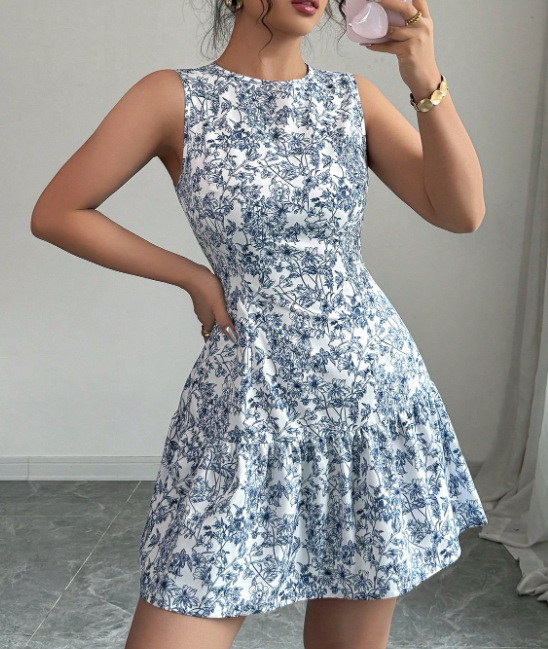 Women's Bohemian Style Floral Print Mini Dress Sleeveless Belted French Elegance Thin Summer Fashion Clothing_ecoleips.com