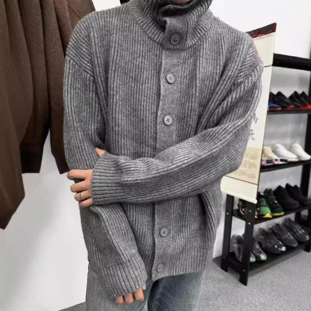 Heavyweight 600G Men's High-Neck Button-Up Cardigan Sweater, Casual Loose Fit, Versatile Long Sleeve, Unisex, Maillard