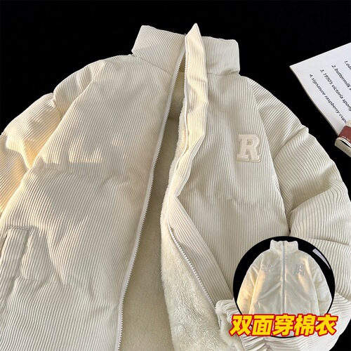 Double-sided sheep's wool cotton coat for men, winter corduroy cotton jacket with extra lining and thickness, sheep's wool warm cotton robe outerwear, trendy