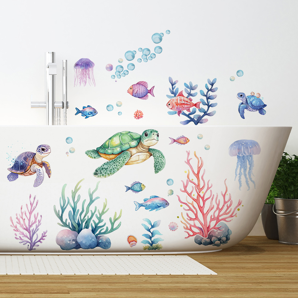 Lightweight Version Dd3487 Cartoon Underwater World Jellyfish, Turtles, Seaweed Wall Stickers for Children's Room Decoration Self-Adhesive Wallpaper