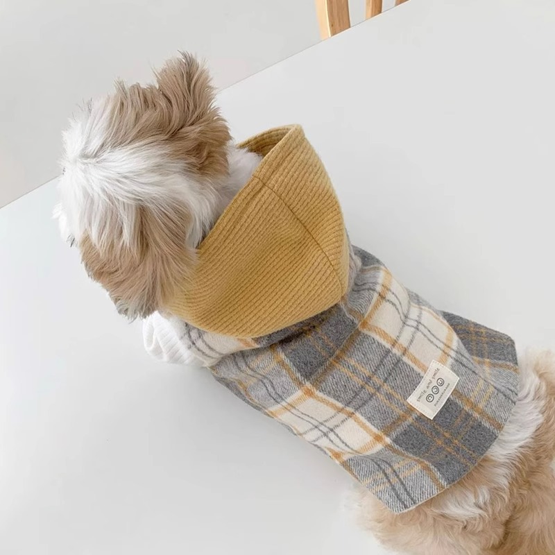 Versión coreana de otoño y invierno para perros gruesos y tablero de ajedrez de lana con capuzas tracción chaleco de algodón gato ropa de mascotas de invierno