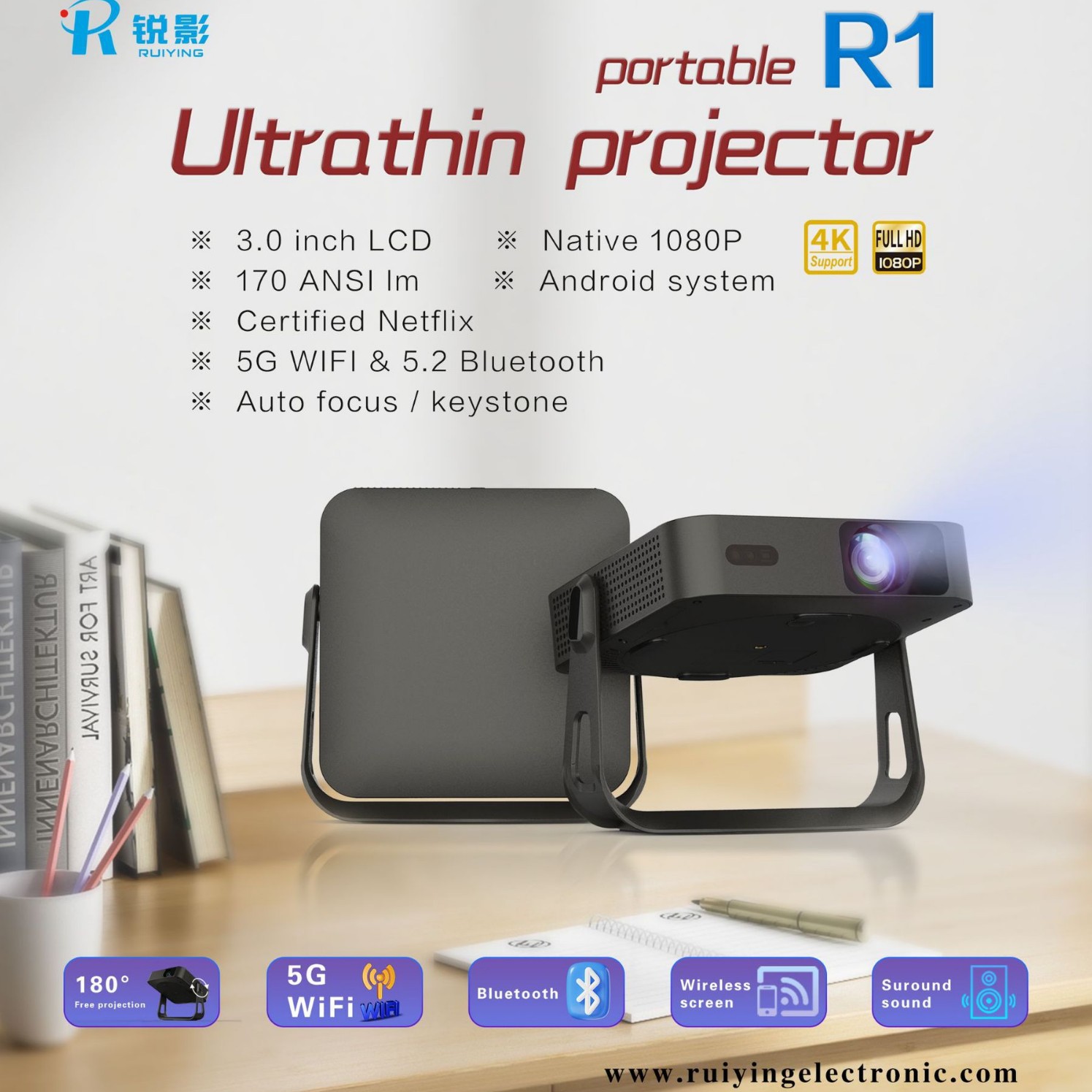 2026 New Ultra-Thin Ultra-High-Definition R1 Android Projector Smartprojector for Home Bedroom Factory Wholesale