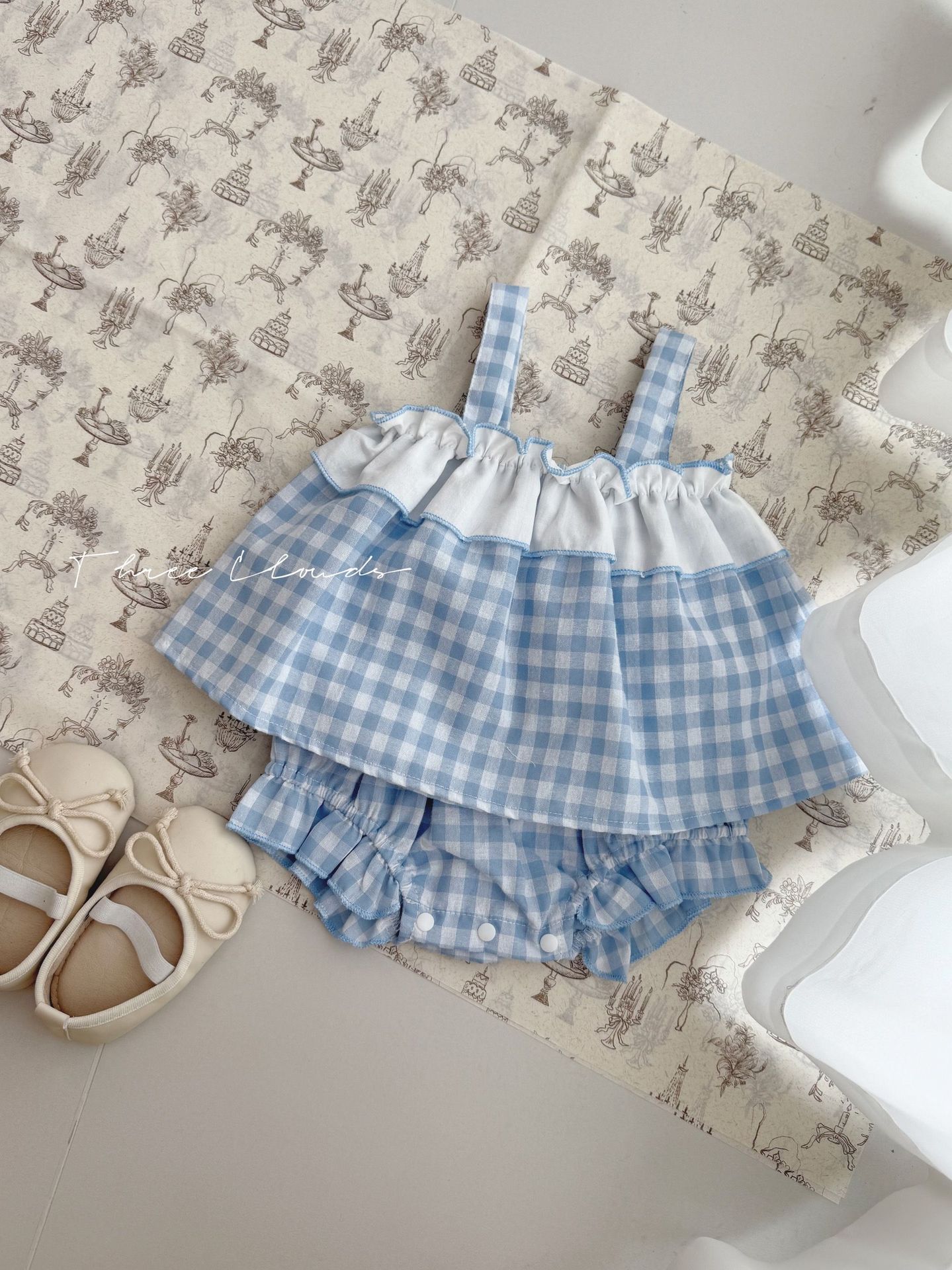 Summer Baby Girl Blue Plaid Bow Split Fresh Sling Bread Shorts suit