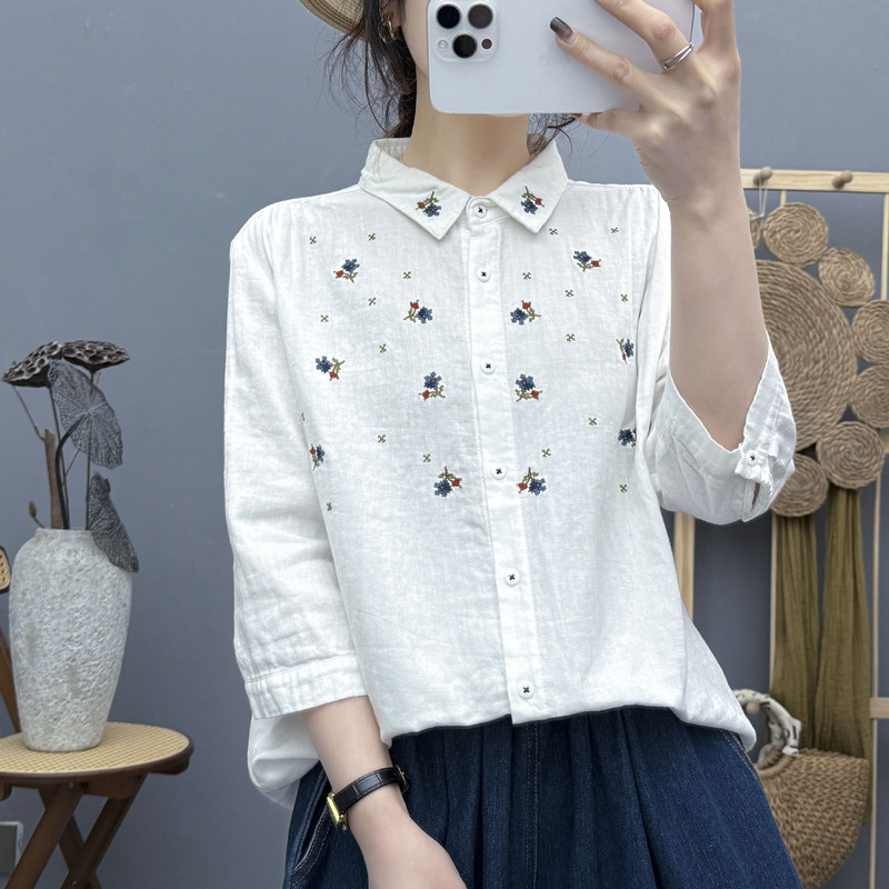 Summer new mid-sleeve shirt double-layer cotton yarn cartoon embroidery color button cardigan Mori shirt wholesale 96008
