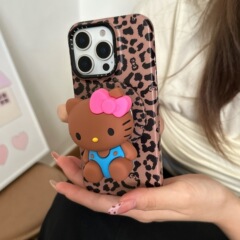 豹纹磁吸黑皮立体KT猫支架适用iPhone16苹果15ProMax手机壳14/13
