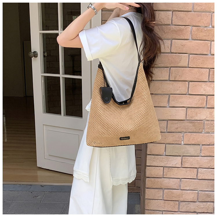 Gewebte Schultertasche Französischer Stil Gestreifte Strohtasche_voghion.com