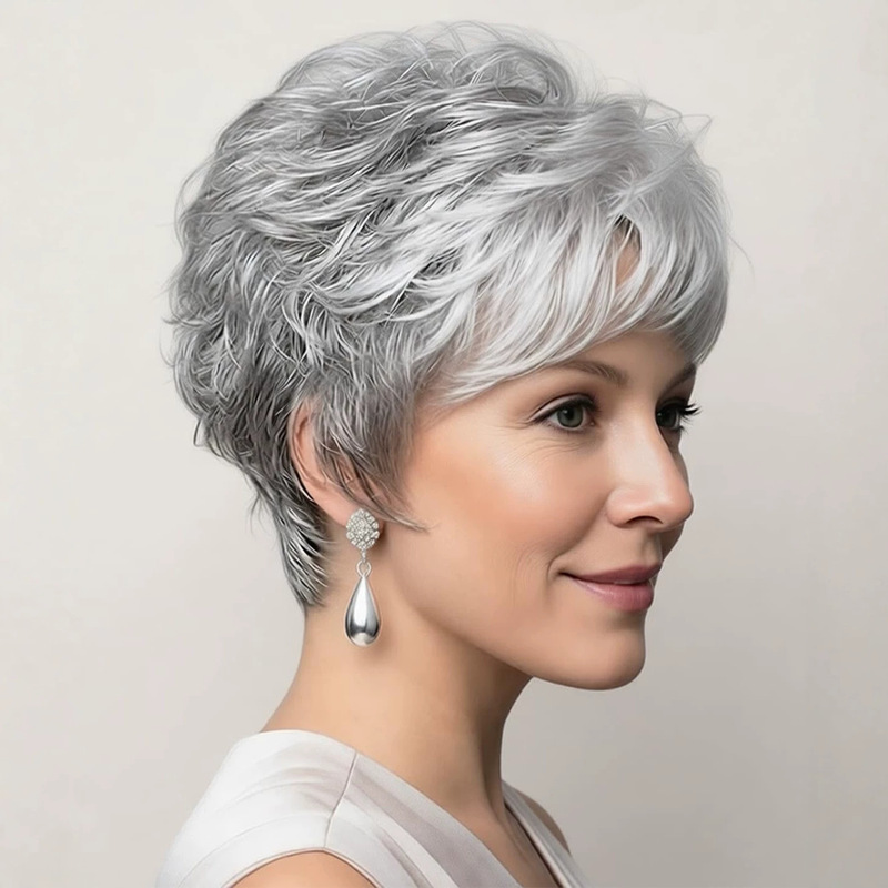 European and American middle-aged and elderly women's silver-gray short curly wig with bangs, fluffy texture, high-temperature fiber wig European and American middle-aged and elderly women's silver-gray short curly wig with bangs, fluffy texture, high-temperature fiber wig