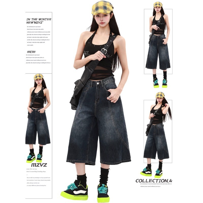 Loose-fitting, high-waisted jeans for petite women, designed to create a slimming effect, in blue, versatile wide-leg style, new autumn collection, cropped length Loose-fitting, high-waisted jeans for petite women, designed to create a slimming effect, in blue, versatile wide-leg style, new autumn collection, cropped length