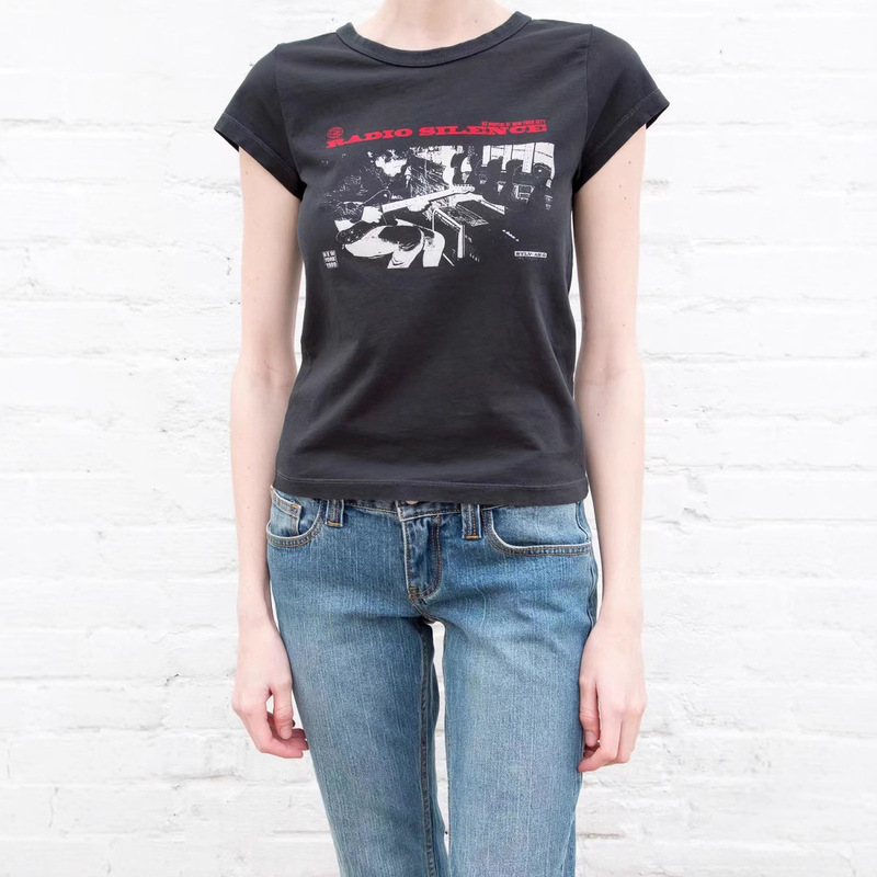 BM Style American Style Retro Rock Character Anime Guitarist Printed Short-sleeved T-shirt Women's bm Cotton Short-sleeved Short Top
