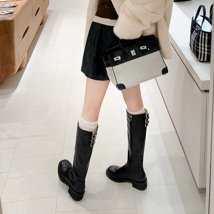 Women's Knee High Boots With Thick Heel And Buckle Side Zipper_voghion.com