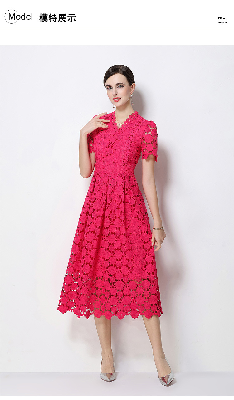Đầm maxi nữ cổ V ren thắt eo tay ngắn họa tiết rỗng — màu đen, Rượu vang đỏ, màu hồng đậm, màu trắng chi tiết 99