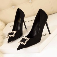 121-13 han edition fashion high heels for women's shoes high heel with shallow pointed mouth pearl diamond square buckle suede shoes