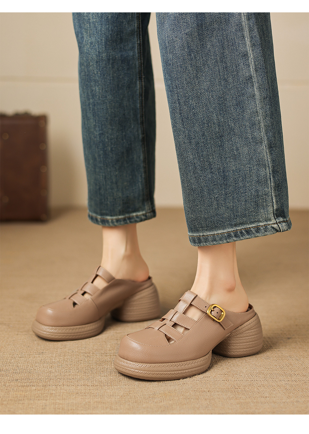 Sandal cao gót nữ mũi hở đế dày da cừu kiểu dệt lỗ — màu trắng ngà chi tiết 8