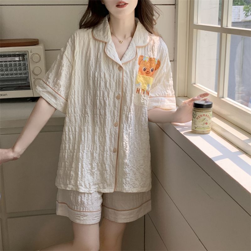 Venta al por mayor transfronteriza verano nuevo estilo cardigan pantalones cortos de manga corta espuma de algodón arrugado jacquard lindo fino servicio a domicilio pijamas mujeres