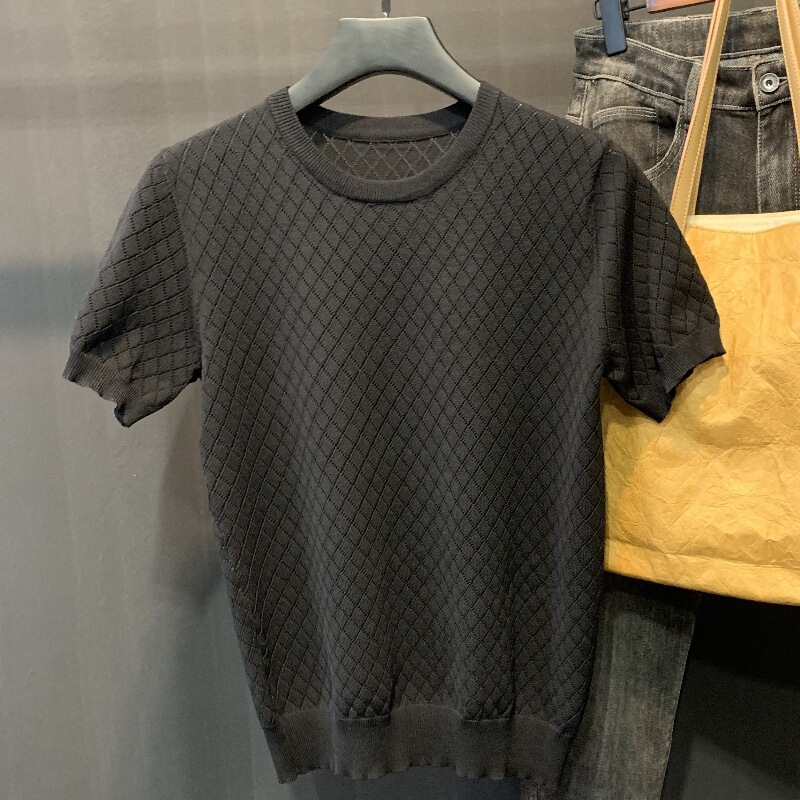 2025 Summer Diamond-Shaped Knit Sweater for Men, Short-Sleeved Hollow-Out Solid Color Versatile Round Neck Thin Breathable Lightweight Top