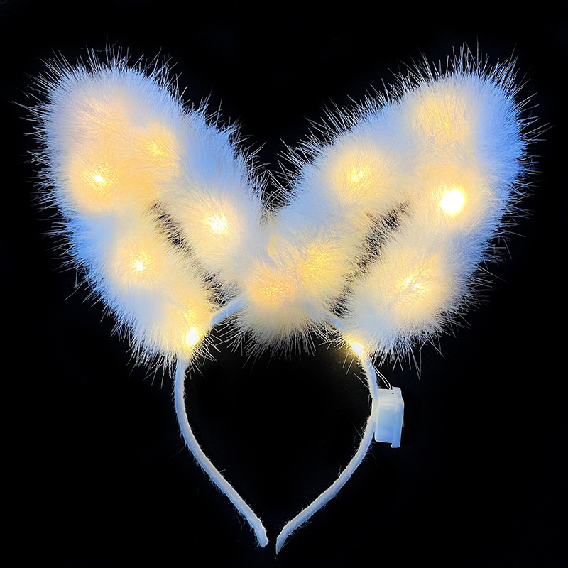 Nueva diadema con orejas de conejo de plumas con luces intermitentes, accesorio para la cabeza súper brillante, horquilla luminosa, popular en atracciones turísticas y puestos callejeros, venta al por mayor.