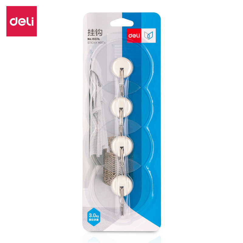 Deli 19374 daily hook 3kg strong bearing round belt seamless adhesive 4 pcs/card White hook Deli 19374 daily hook 3kg strong bearing round belt seamless adhesive 4 pcs/card White hook
