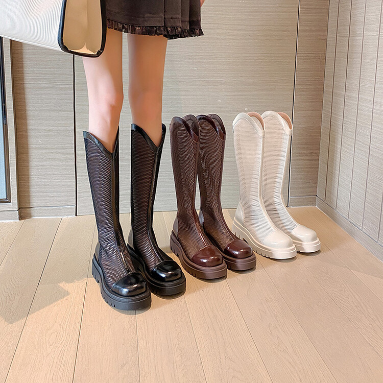 Boot nữ da lưới thoáng khí mùa hè, đế dày rỗng, ống rộng cho chân to — Màu nâu ống lớn, Màu đen cổ ống lớn, Ống nhỏ màu đen, Ống nhỏ màu be chi tiết 81