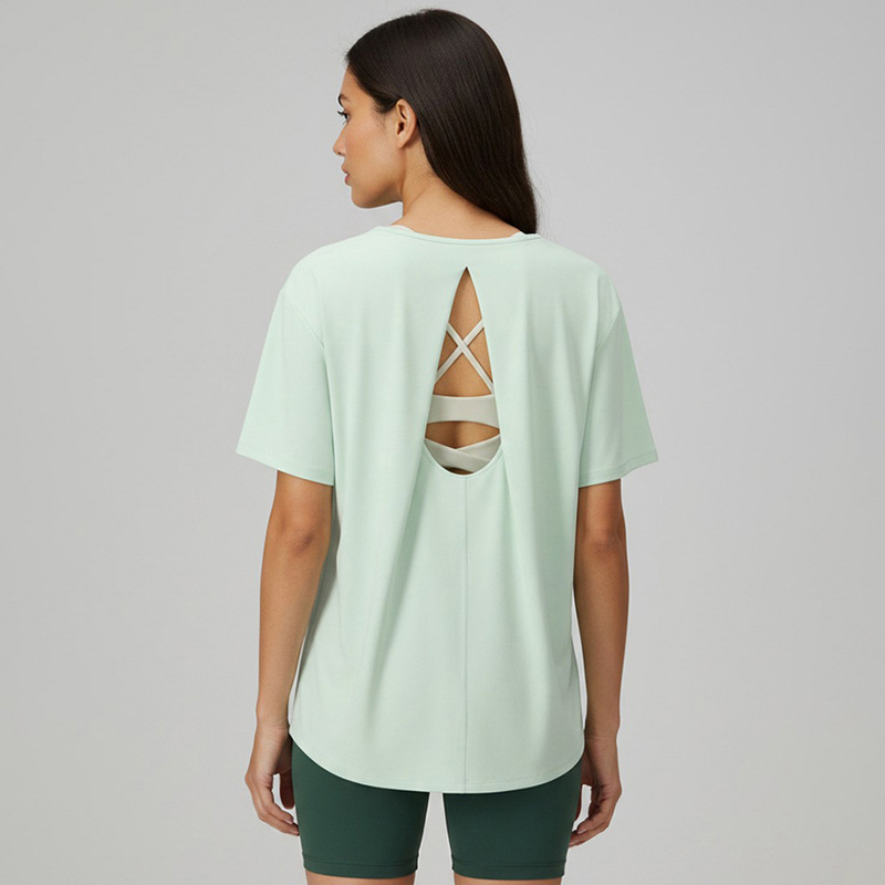 Cross-Back Yoga Top for Women, Summer Loose Breathable Quick-Dry Pilates Running Training Sports Shirt for Women