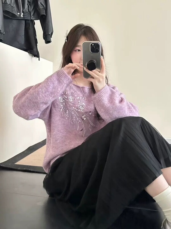 重工钉珠亮片套头毛衣女2025秋冬新款韩系宽松百搭圆领针织衫上衣|undefined