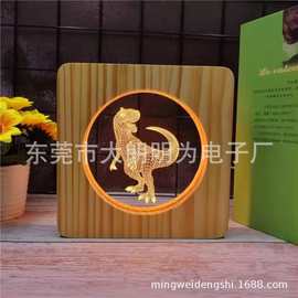跨境激光雕刻图案时尚创意恐龙亚克力木盒LED小夜灯挂画电池灯