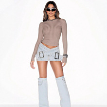 跨境欧美牛仔浅蓝超短裙时尚交叉扣带包臀裙TEMU亚马逊TK现货OZON