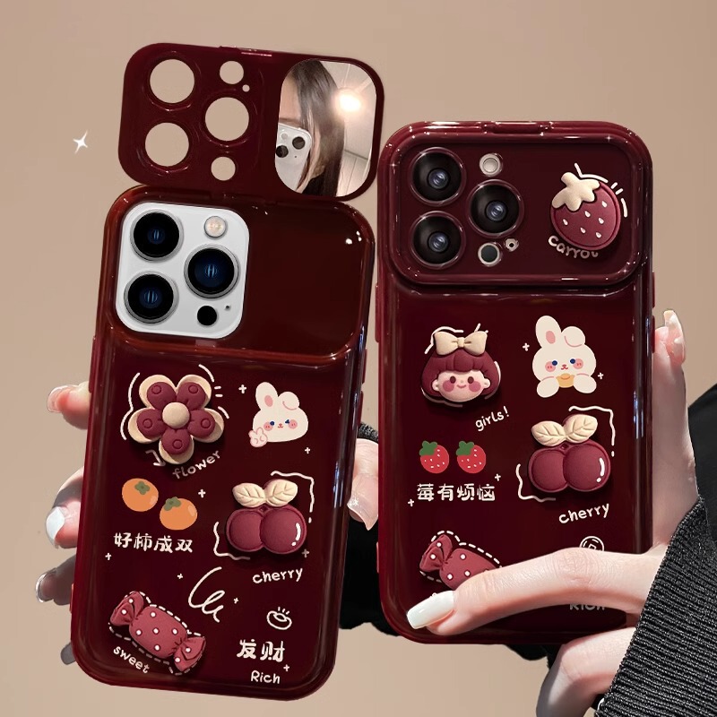 Good Persimmon Double Lanyard Suitable for Apple 15PRO Large Window Mobile Phone Case 14 Flower Girl Doll 8 Flip Mirror