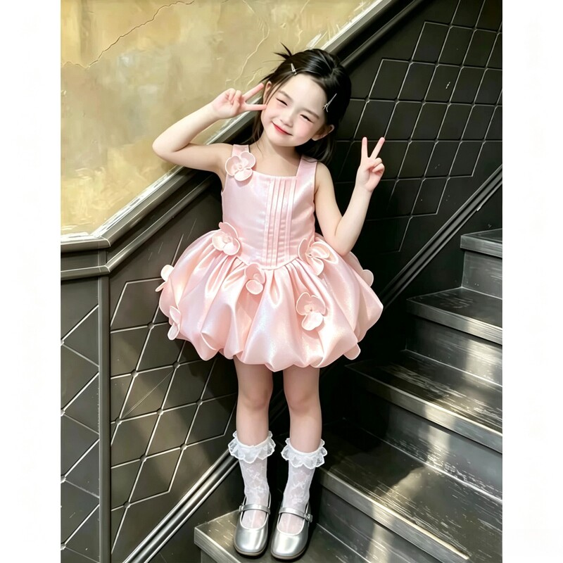 Girls' Princess Dress, Children's Light Pink Vest Dress, Baby's First Birthday Dress, Floral Christmas Dress, Amazon Wholesale