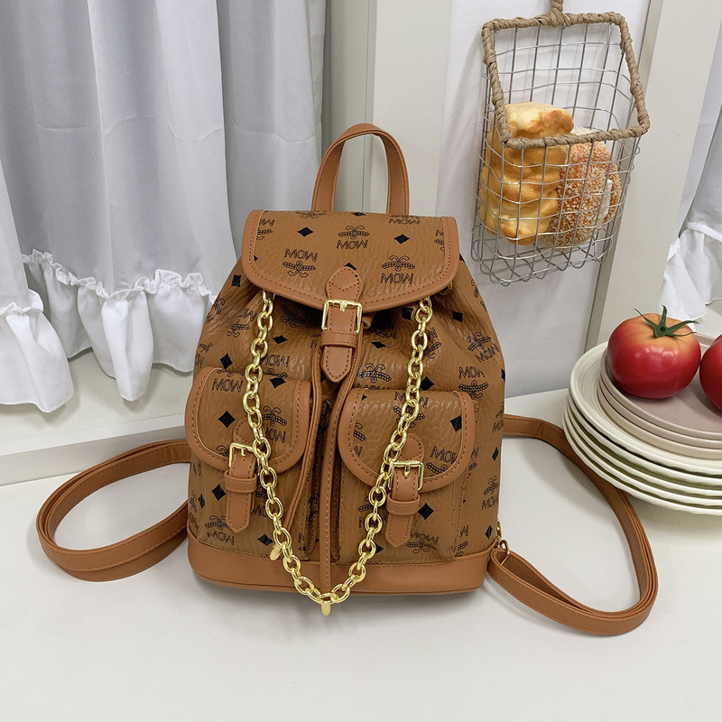 Cross-Border 2026m Classic Printed Flip-Top Small Backpack Travel Fashion Versatile Chain Drawstring Small School Bag Cross-Border 2026m Classic Printed Flip-Top Small Backpack Travel Fashion Versatile Chain Drawstring Small School Bag