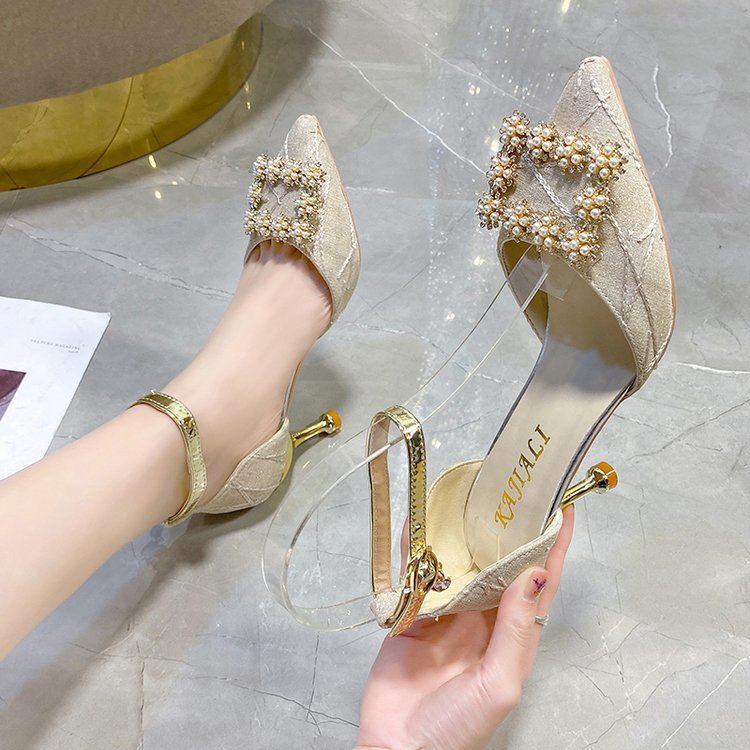 High-Heeled Shoes with Chunky Heels, Trendy for Spring and Autumn, Featuring a Pearl Accent, Elegant Closed-Toe Design, 2025 New Style, Chanel-Inspired Sandals