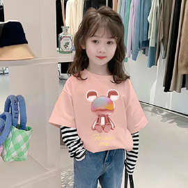 G2534#女童长袖t恤早秋款2025新款儿童秋装上衣中大童假两件纯棉