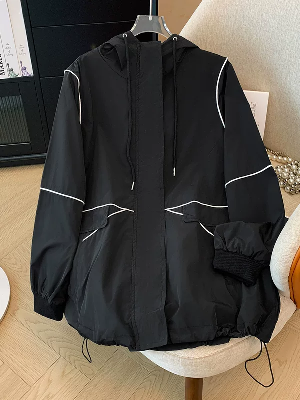 Women's Korean-Style Autumn Trench Jacket, 100% Polyester, Plus Sizes 2XL–6XL, Black