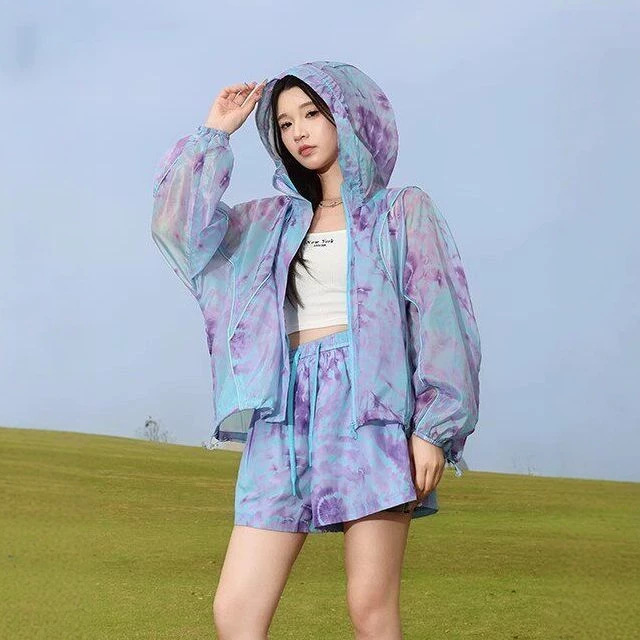 Korean Style Tie-Dye Sun Protection Clothing and Shorts Set for Women, Summer Loose-Fitting Slimming Thin Jacket, Fashionable Casual Two-Piece Set for Women Korean Style Tie-Dye Sun Protection Clothing and Shorts Set for Women, Summer Loose-Fitting Slimming Thin Jacket, Fashionable Casual Two-Piece Set for Women