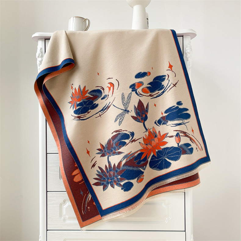 Kaschmir hand fühlen frauen, herbst und winter Chinesischen stil lotus teich warm i mitation kaschmir schal, dicken doppelseitigen_voghion.com